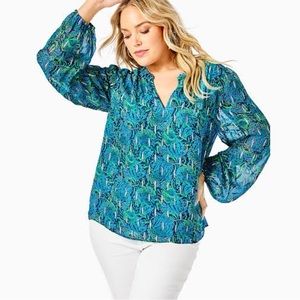 Lily Pulitzer Women’s Printed Long Sleeve Green Blue Ruffle Top size Medium